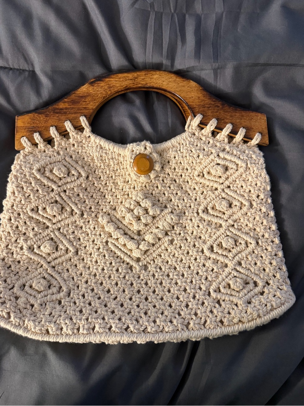 Handcrafted Cream Macramé Tote with Wooden Handles